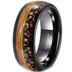 (Wholesale)Tungsten Carbide Black Gold Tone Wire Ring With Dinosaur Bone & Koa Wood-01910