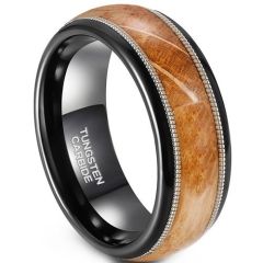 (Wholesale)Tungsten Carbide Black Silver Wire Dome Court Ring With Koa Wood-01914