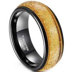 (Wholesale)Tungsten Carbide Black Gold Tone Wire Ring With Meteorite-01918