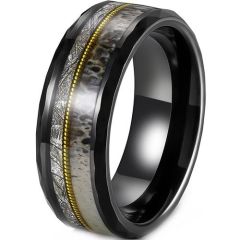 (Wholesale)Tungsten Carbide Black Gold Tone Wire Ring With Meteorite and Deer Antler-01922