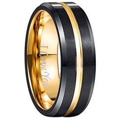 (Wholesale)Tungsten Carbide Blaack Gold Beveled Edges Ring-1561