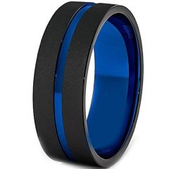 (Wholesale)Tungsten Carbide Black Blue Center Groove Ring-4097