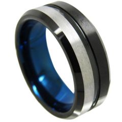 (Wholesale)Tungsten Carbide Black Blue Center Groove Ring-4345