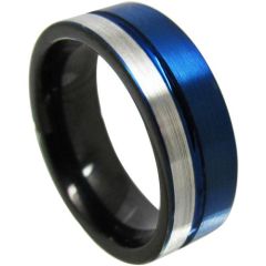 (Wholesale)Tungsten Carbide Black Blue Offset Groove Ring-4346