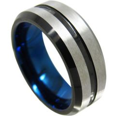 (Wholesale)Tungsten Carbide Black Blue Center Groove Ring-4349