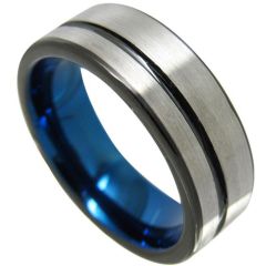(Wholesale)Tungsten Carbide Black Blue Offset Groove Ring-4350