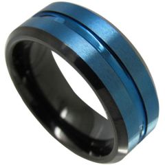 (Wholesale)Tungsten Carbide Black Blue Center Groove Ring-4352