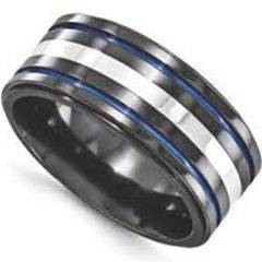 (Wholesale)Tungsten Carbide Black Blue Double Groove Ring-4549