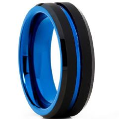 (Wholesale)Tungsten Carbide Black Blue Center Groove Ring-4602
