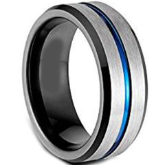 (Wholesale)Tungsten Carbide Black Blue Center Groove Ring-4616