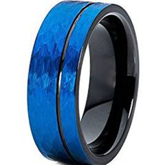 (Wholesale)Tungsten Carbide Black Blue Hammered Ring - TG4619