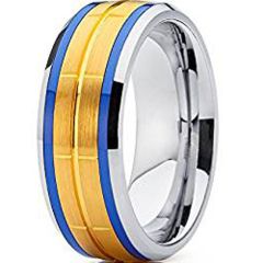 (Wholesale)Tungsten Carbide Blue Gold Center Groove Ring-4621