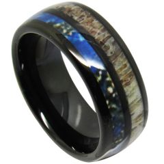 (Wholesale)Black Tungsten Carbide Deer Antler & Blue Wood Ring - TG4709