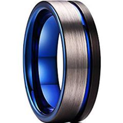 (Wholesale)Tungsten Carbide Black Blue Offset Groove Ring-4731