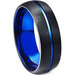 (Wholesale)Tungsten Carbide Black Blue Center Groove Ring-4745