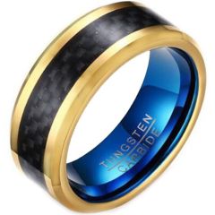 (Wholesale)Tungsten Carbide Blue Gold Tone Ring With Carbon Fiber-5465