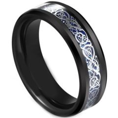 (Wholesale)Black Tungsten Carbide Dragon Beveled Edges Ring-5607