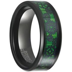 (Wholesale)Black Tungsten Carbide Gears Ring With Green Wood-5649