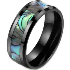 (Wholesale)Black Tungsten Carbide Abalone Shell Beveled Edges Ring-5786
