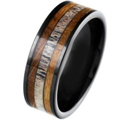 (Wholesale)Black Tungsten Carbide Deer Antler & Wood Ring-5863