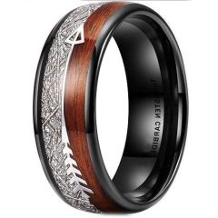 (Wholesale)Tungsten Carbide Black Silver Arrow Ring With Koa Wood & Meteorite-6997