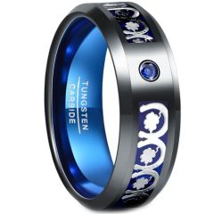 (Wholesale)Tungsten Carbide Black Blue Clover Ring With Blue Created Sapphire-7286