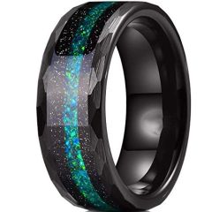 (Wholesale)Black Tungsten Carbide Faceted Ring With Meteorite & Crushed Opal-7502