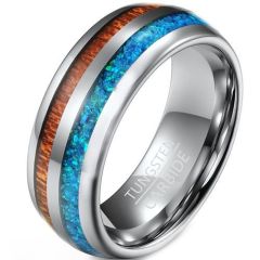 (Wholesale)Tungsten Carbide Ring With Koa Wood & Crushed Opal-7534