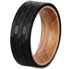 (Wholesale)Black Tungsten Carbide Faceted Ring With Koa Wood-7660