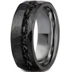(Wholesale)Black Tungsten Carbide Faceted Ring With Meteorite-7663