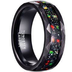 (Wholesale)Black Tungsten Carbide Faceted Ring With Crushed Opal & Meteorite-7785