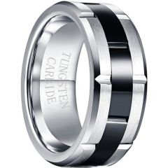 (Wholesale)Tungsten Carbide Black Silver Tire Tread Ring-7792