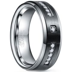 (Wholesale)Tungsten Carbide Black Silver Ring With Cubic Zirconia-7862
