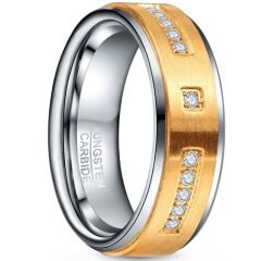 (Wholesale)Tungsten Carbide Gold Tone Silver Ring With Cubic Zirconia-7868