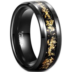 (Wholesale)black Tungsten Carbide Meteorite Gold Foil Beveled Edges Ring-7935