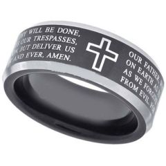 (Wholesale)Tungsten Carbide Black Silver Cross Prayer Ring-7968