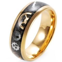 (Wholesale)Gold Tone Tungsten Carbide Gears Ring With Carbon Fiber-8290