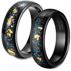 (Wholesale)Black Tungsten Carbide Ring With Meteorite & Gold Foil-8443