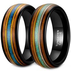 (Wholesale)Tungsten Carbide Black Gold Tone Silver Wire Ring With Crushed Opal & Koa Wood-8448
