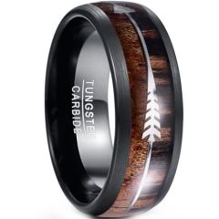 (Wholesale)Tungsten Carbide Black Silver Arrows Ring With Koa Wood-8480