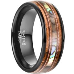 (Wholesale)Tungsten Carbide Black Rose Wire Abalone Shell & Koa Wood Ring-8641