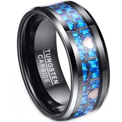 (Wholesale)Black Tungsten Carbide Heartbeat Ring With Carbon Fiber-8868