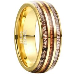 (Wholesale)Gold Tone Tungsten Carbide Deer Antler & Koa Wood Ring-8884
