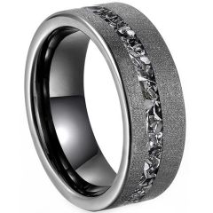 (Wholesale)Tungsten Carbide Sandblasted Ring With Meteorite-8926