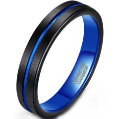 (Wholesale)Tungsten Carbide Black Blue Center Groove Ring-9318