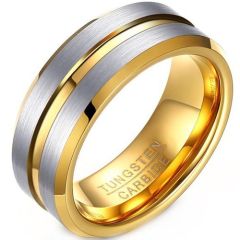 (Wholesale)Tungsten Carbide Gold Tone Silver Center Groove Ring-9338