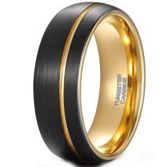 (Wholesale)Tungsten Carbide Black Gold Tone Offset Groove Ring-9339
