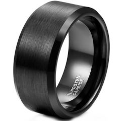 (Wholesale)Black Tungsten Carbide 12mm Beveled Edges Ring-9344