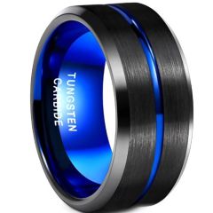 (Wholesale)Tungsten Carbide Black Blue 12mm Center Groove Beveled Edges Ring-9345