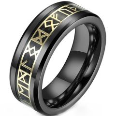 (Wholesale)Tungsten Carbide Black Gold Tone Runes Ring With Carbon Fiber-9350